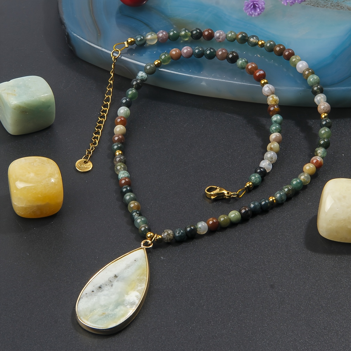 Retro Amazonite Teardrop Pendant Agate Necklace, Gift for Mom